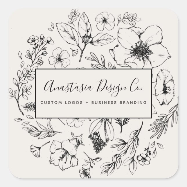 Modernes Botanisches Rosa und Schwarzes Script Quadratischer Aufkleber (Vorderseite)