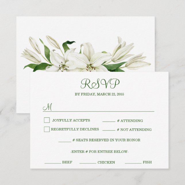 Modernes botanisches | White Lily Wedding RSVP Karte (Vorne/Hinten)