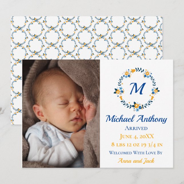 Modernes Boy-Foto Monogram-Geburtshinweise Einladung (Vorne/Hinten)