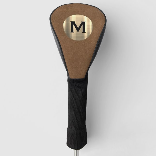 Modernes braunes Leder gebürstetes Gold Monogramm Golf Headcover (Vorderseite)