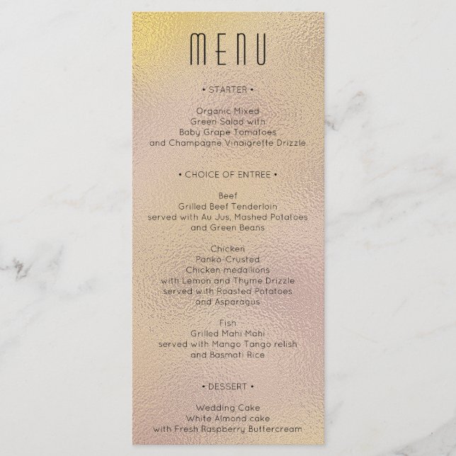 Modernes Brautparty für Metallic Foil Wedding Menükarte (Vorderseite)