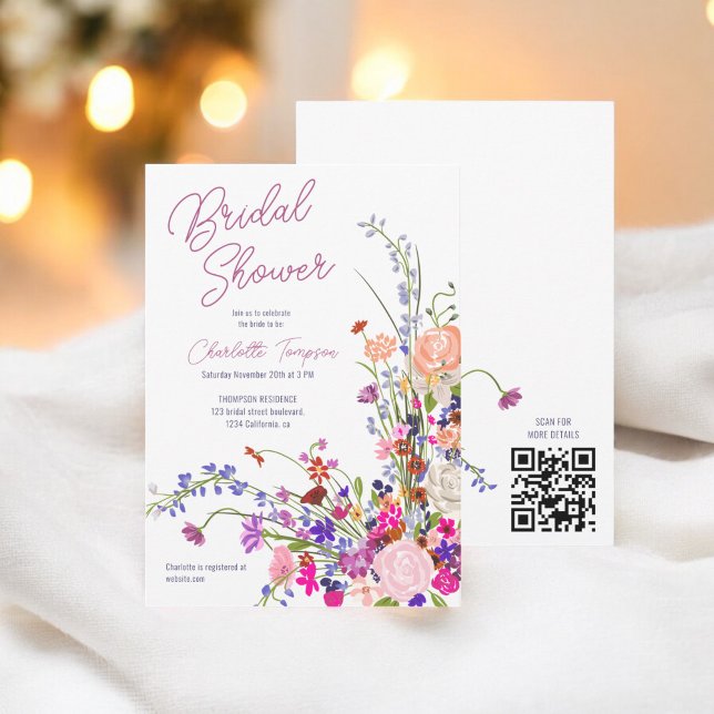Modernes Brautparty für wild lebende Blume Einladung (Modern wild flowers script bridal shower QR Invitation)