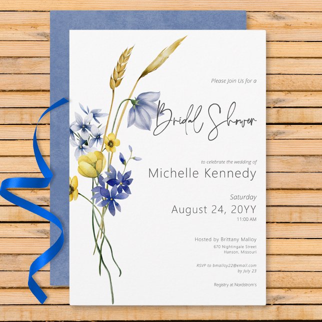 Modernes Brautparty mit blauen und gelben Wildblum Einladung (Modern Blue & Yellow Wildflowers Bridal Shower Invitation)