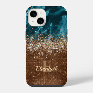 Modernes Bronze-Türkis-Glitzer Marmormonogramm iPhone 14 Hülle