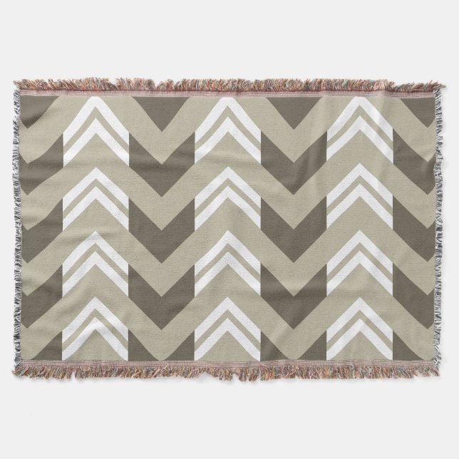 Modernes Brown, Beige, weißes Zickzack Muster Decke (Vorderseite)