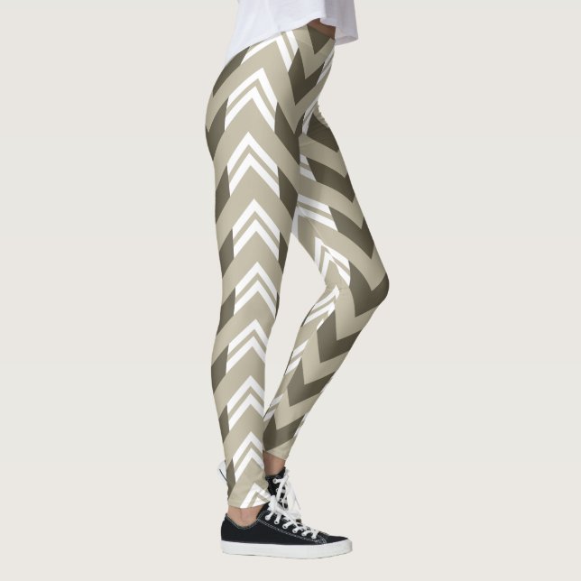 Modernes Brown, Beige, weißes Zickzack Muster Leggings (Rechts)