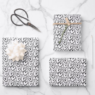 Modernes Brush Schwarz-weißes Herz Geschenkpapier Set