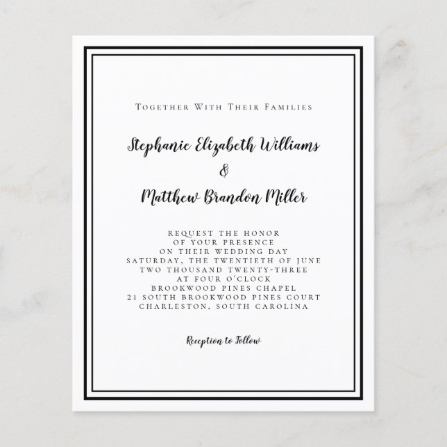 Modernes Budget Black & White Wedding Einladung (Vorderseite)