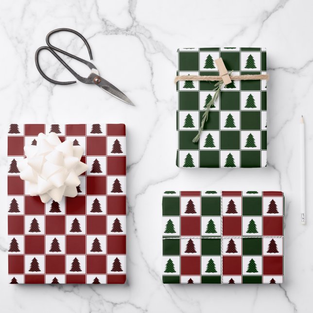 Modernes Buffalo Kariertes Weihnachtsbaummuster Geschenkpapier Set (Vorderseite)