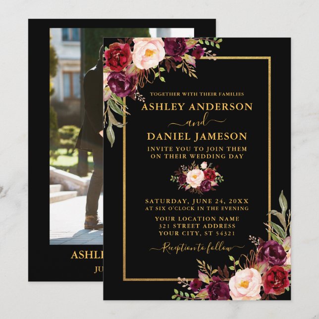 Modernes Burgund-Bloral-Black-Gold-Foto Hochzeit Einladung (Vorne/Hinten)