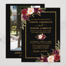 Modernes Burgund-Bloral-Black-Gold-Foto Hochzeit Einladung