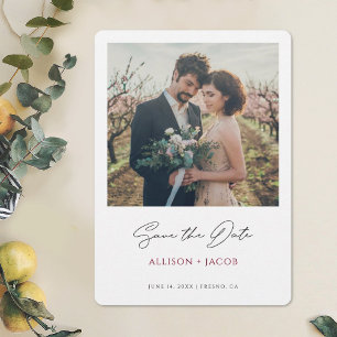 Modernes Burgund-Foto Hochzeit retten das Datum Save The Date
