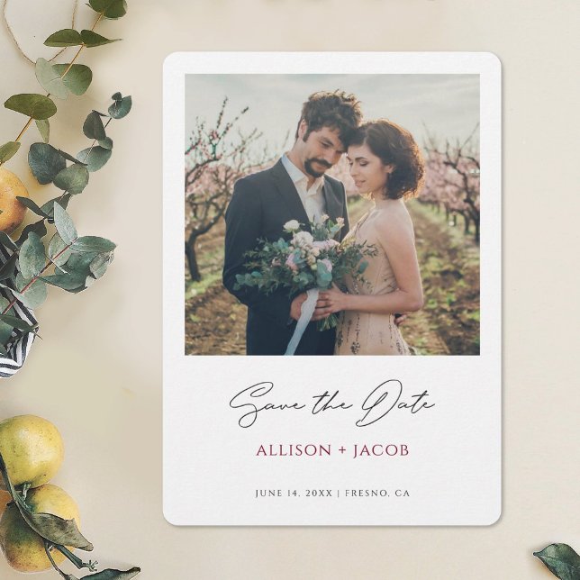 Modernes Burgund-Foto Hochzeit retten das Datum Save The Date (Von Creator hochgeladen)