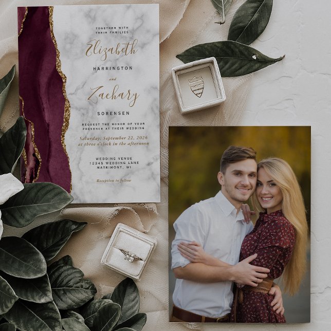 Modernes Burgund Gold Agate Marble Foto Hochzeit Einladung (Von Creator hochgeladen)