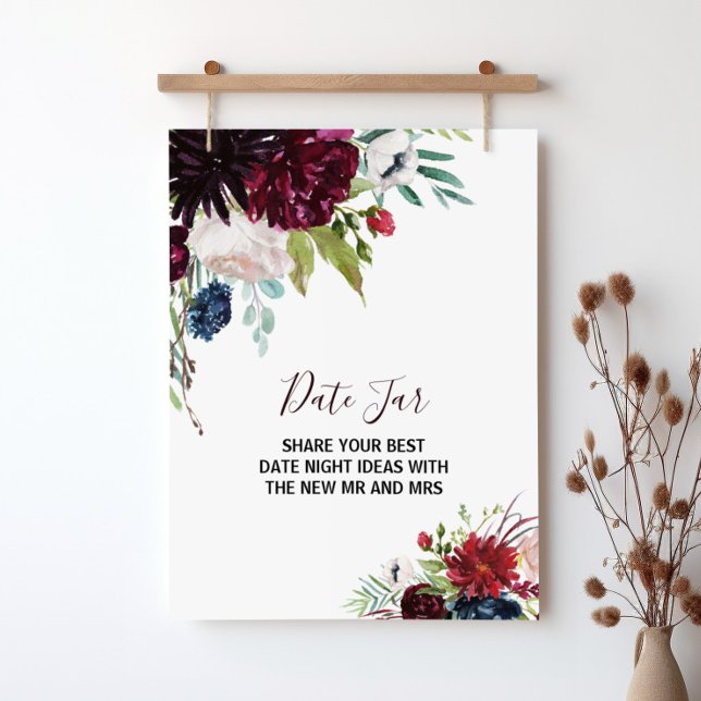 Modernes Burgund Navy Blush Floral Date Jar Sign Poster (Von Creator hochgeladen)