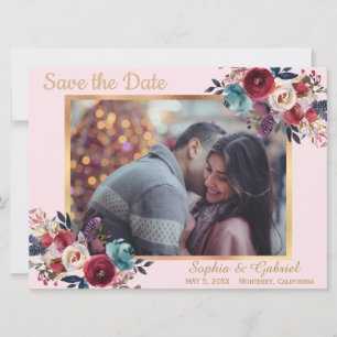 Modernes Burgund-Navy-Floral auf Rosa Save the Dat Date