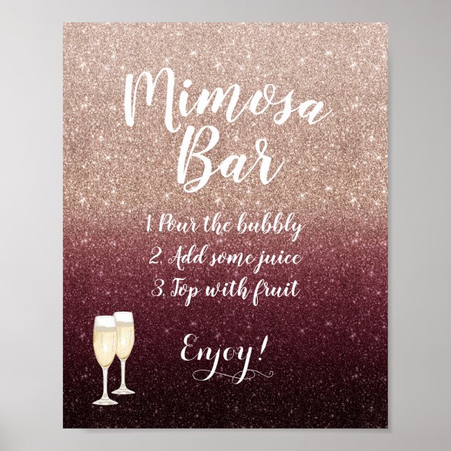 Modernes Burgund Rose Gold Glitzer Mimosa Bar Sign Poster (Vorne)