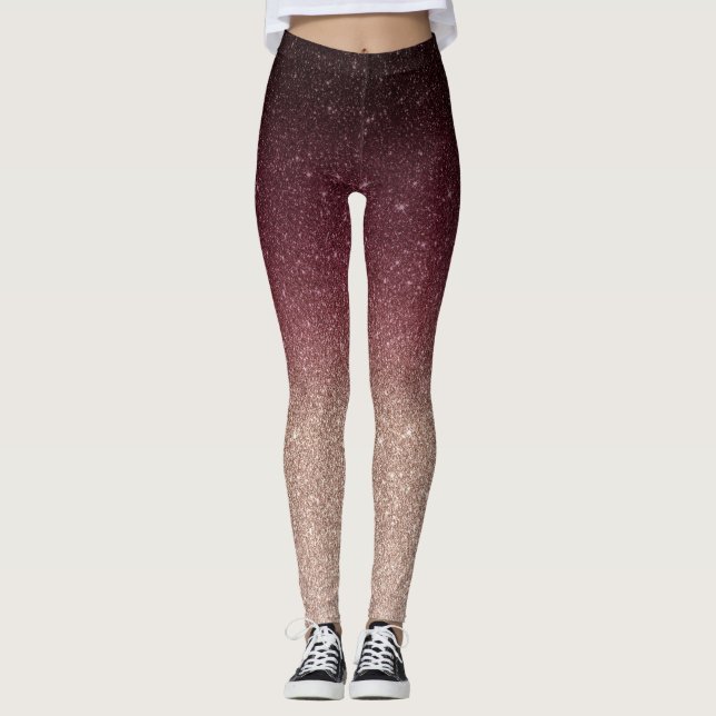 Modernes Burgund & Rose Gold Glitzer Ombre Leggings (Vorderseite)