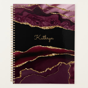 Modernes Burgundy Black & Gold Agate personalisier Planer