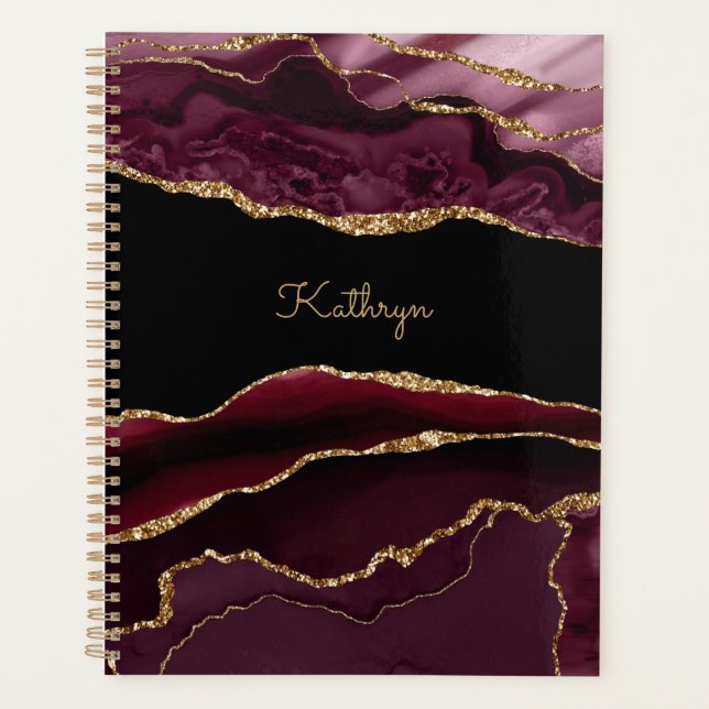 Modernes Burgundy Black & Gold Agate personalisier Planer (Vorderseite)