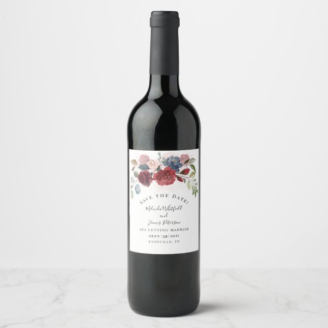 Modernes Burgundy Bloom Rustikale Floral Save the  Weinetikett (Vorderseite)