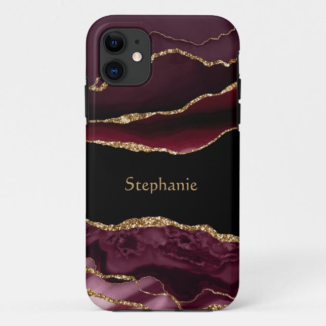 Modernes Burgundy Gold Agate Crystal personalisier Case-Mate iPhone Hülle (Rückseite)