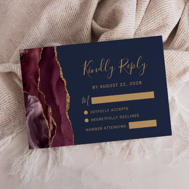 Modernes Burgundy Gold Agate Navy Blue Wedding RSV RSVP Karte (Von Creator hochgeladen)