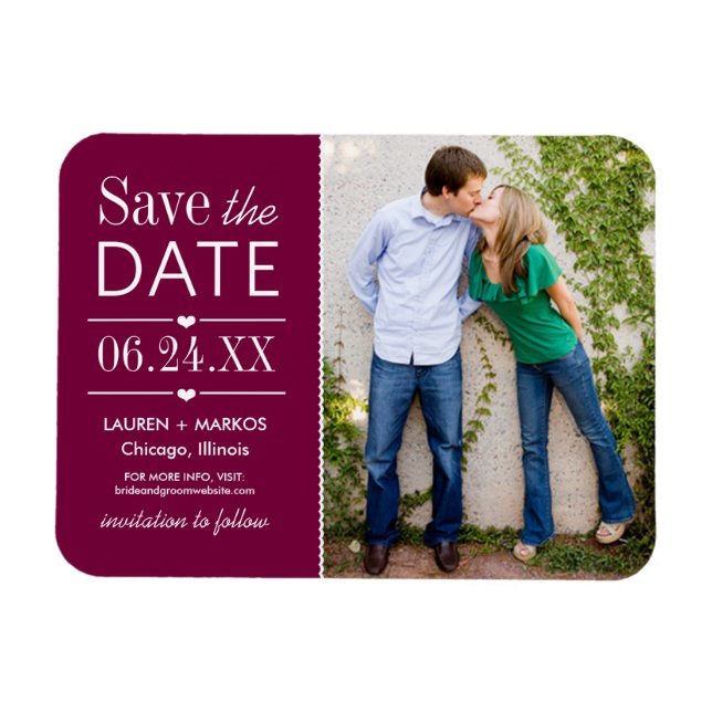 Modernes Burgundy Hearts Wedding Foto Save the Dat Magnet (Horizontal)