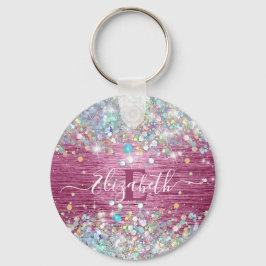 Modernes Burgundy Holographic Imitats Glitzer Mono Schlüsselanhänger