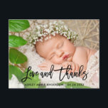 Modernes Bürsten-Skript-neue Baby-Liebe und Ankündigungspostkarte<br><div class="desc">Modernes schwarzes Bürsten-Skript-neue Baby-Liebe und Dank - danke Foto-Postkarte</div>