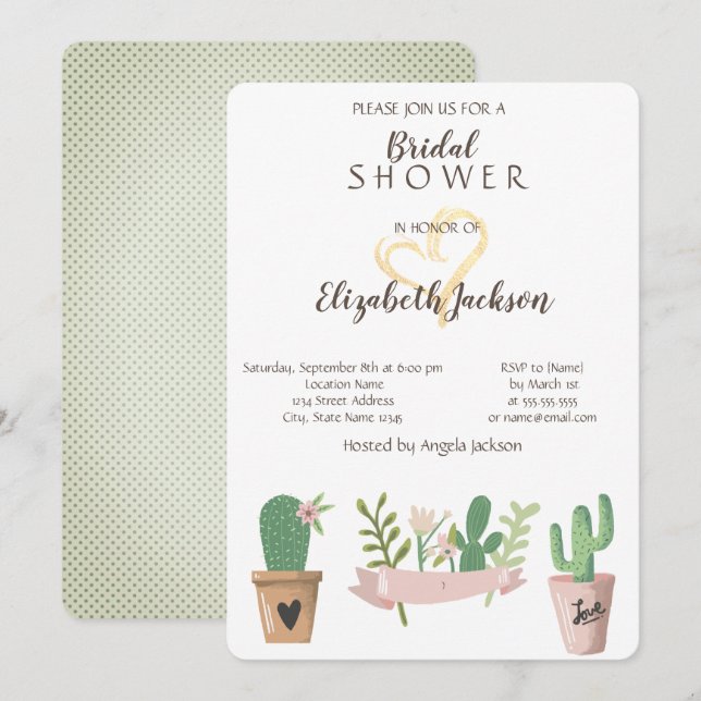 Modernes Cactus Blume Gold Heart Brautparty Einladung (Vorne/Hinten)