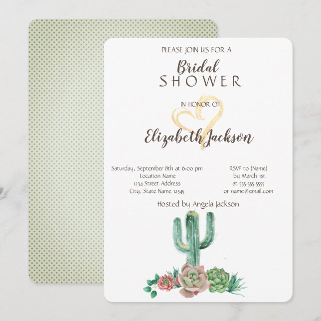 Modernes Cactus succulent Gold Heart Brautparty Einladung (Vorne/Hinten)