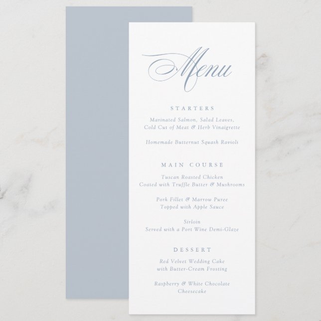 Modernes Calligrafisches Skript Dusty Blue Wedding Menükarte (Vorne/Hinten)