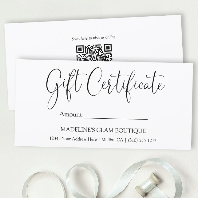 Modernes Calligrafy Business QR Geschenkgutschein (Customize to change your personalized text style, size or color. Add your QR Scan code on back.)