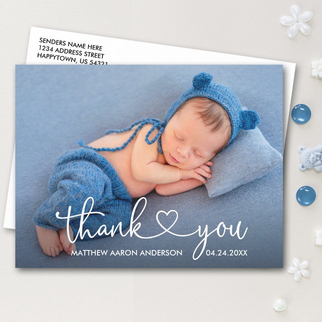 Modernes Calligraphy Heart Baby Foto Vielen Dank Postkarte (Customize to change your personalized text size or text style.)
