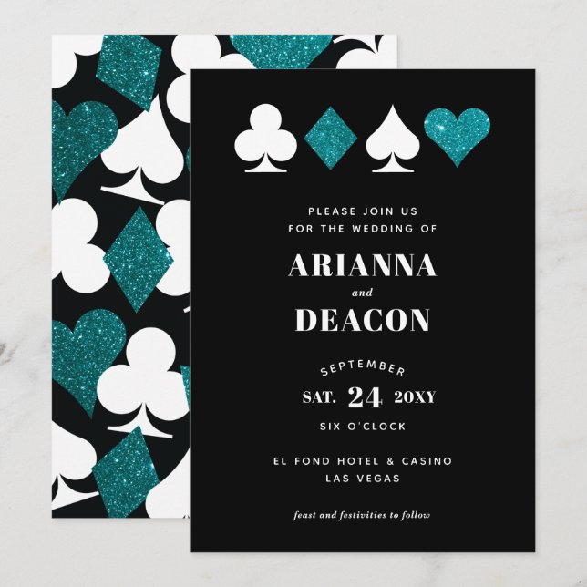 Modernes Casino Aquamariner Glitzer Hochzeit Einladung (Vorne/Hinten)