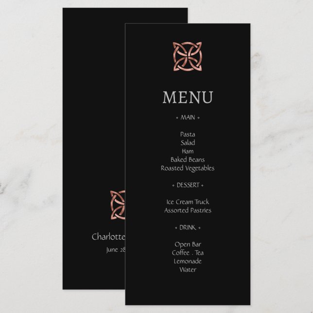 Modernes Celtic Knot Rose Gold Wedding Menu Menükarte (Vorne/Hinten)