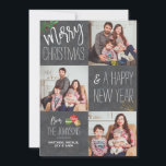 Modernes Chalkboard Custom Foto Weihnachten<br><div class="desc">Das Design umfasst 3 Ihrer beliebtesten Familienurlaub-Fotos. "Frohe Weihnachten und ein glückliches Neues Jahr von"ist in einer modernen Schrift und Schriftart Typografie mit Weihnachtsbällen und Laub Akzenten. Personalisieren Sie es mit Ihren bevorzugten Fotos,  Namen und Nachrichten.</div>