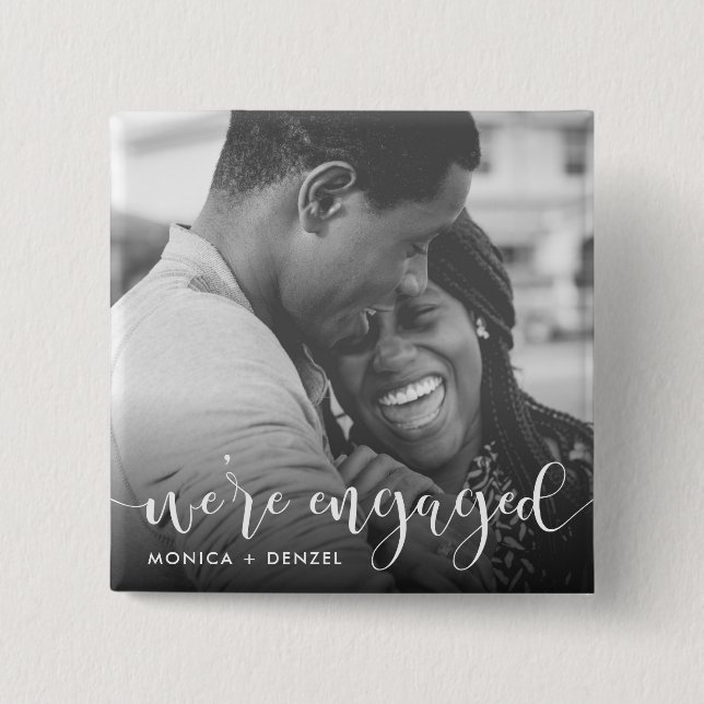 Modernes Chalkboard & Script Engagement Party Foto Button (Vorderseite)