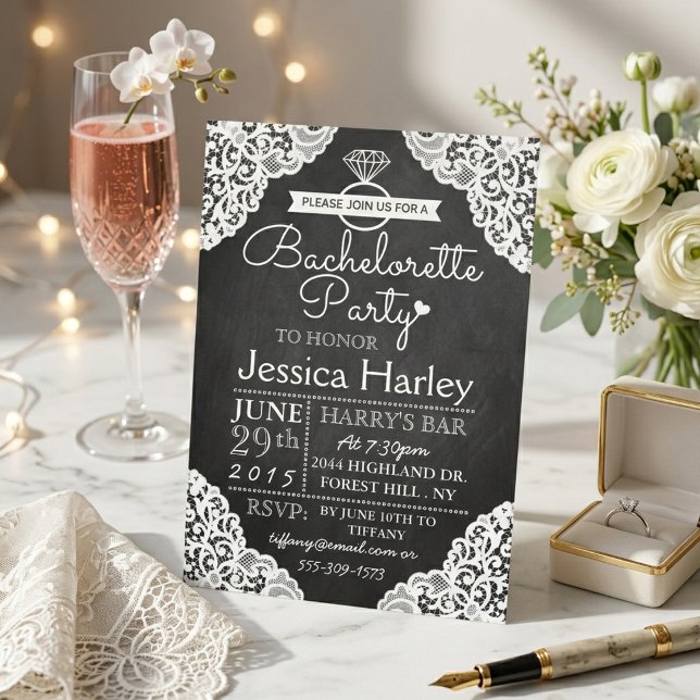 Modernes Chalkboard & White Lace Junggeselinnen-Ab Einladung (Von Creator hochgeladen)