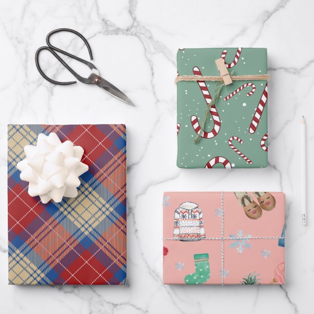 Modernes, charmantes Muster kariert grün l rot Xma Geschenkpapier Set (Vorderseite)