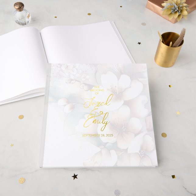 Modernes Cherry Blossom Wedding Foil Gästebuch (Vorderseite Offen)