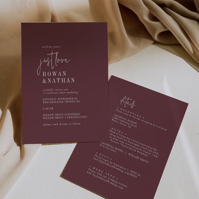 Modernes Chic-Burgund nur Liebe in einer Hochzeit Einladung (Von Creator hochgeladen)