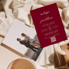 Modernes Chic Burgundy Foto Script QR Code Hochzei Einladung