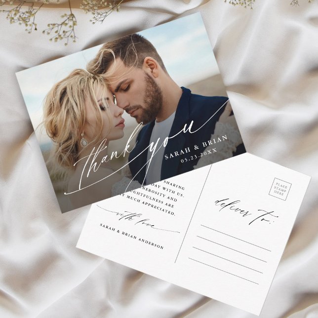 Modernes Chic Calligraphy Wedding Foto Vielen Dank Postkarte (Von Creator hochgeladen)
