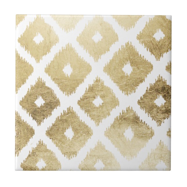 Modernes Chic-Imitat-Goldblatt ikat Muster Fliese (Vorderseite)
