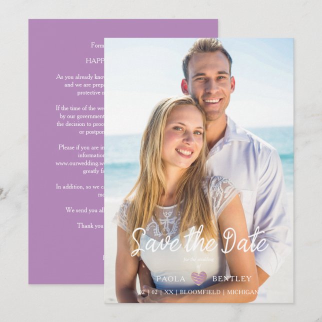 Modernes Chic Lilac Heart Foto Couple Wedding (Vorne/Hinten)