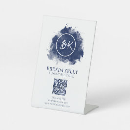 Modernes Chic Monogram Navy & White QR Code Busine Sockelschild