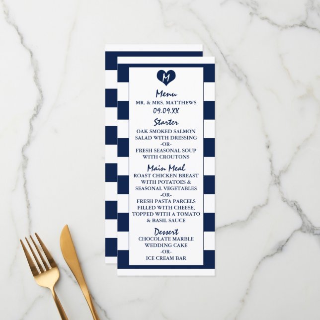 Modernes Chic Navy Blue & White Wedding Menu Menükarte (Vorderseite/Rückseite Beispiel)