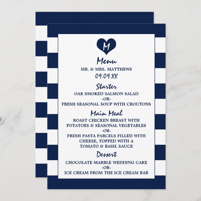 Modernes Chic Navy Blue & White Wedding Menu Menükarte (Vorne/Hinten)